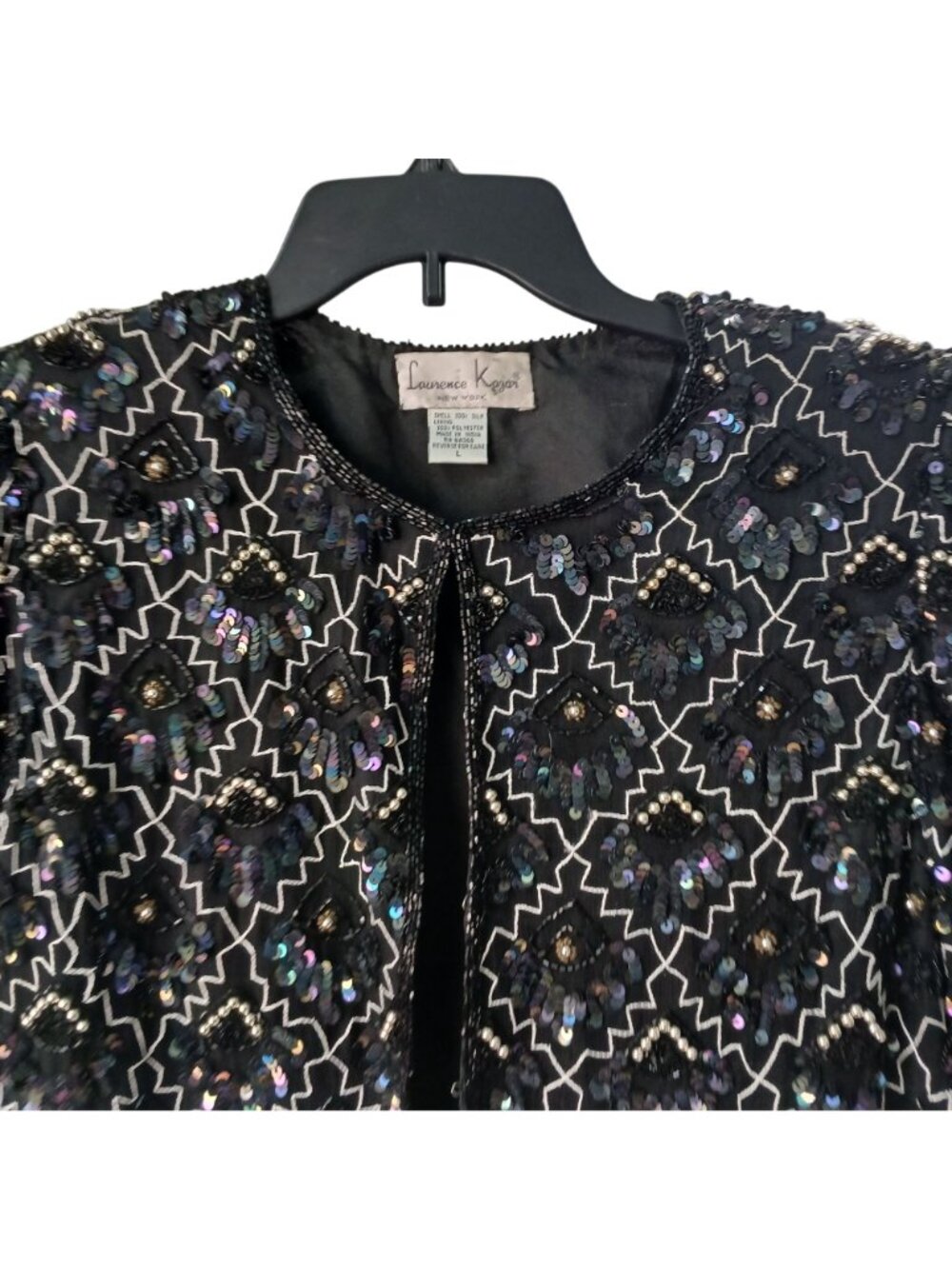VTG Laurence Kazar Sz L Black Silver 100% Silk Sequin Bead Jacket Formal  #T-27 - Picture 6 of 12